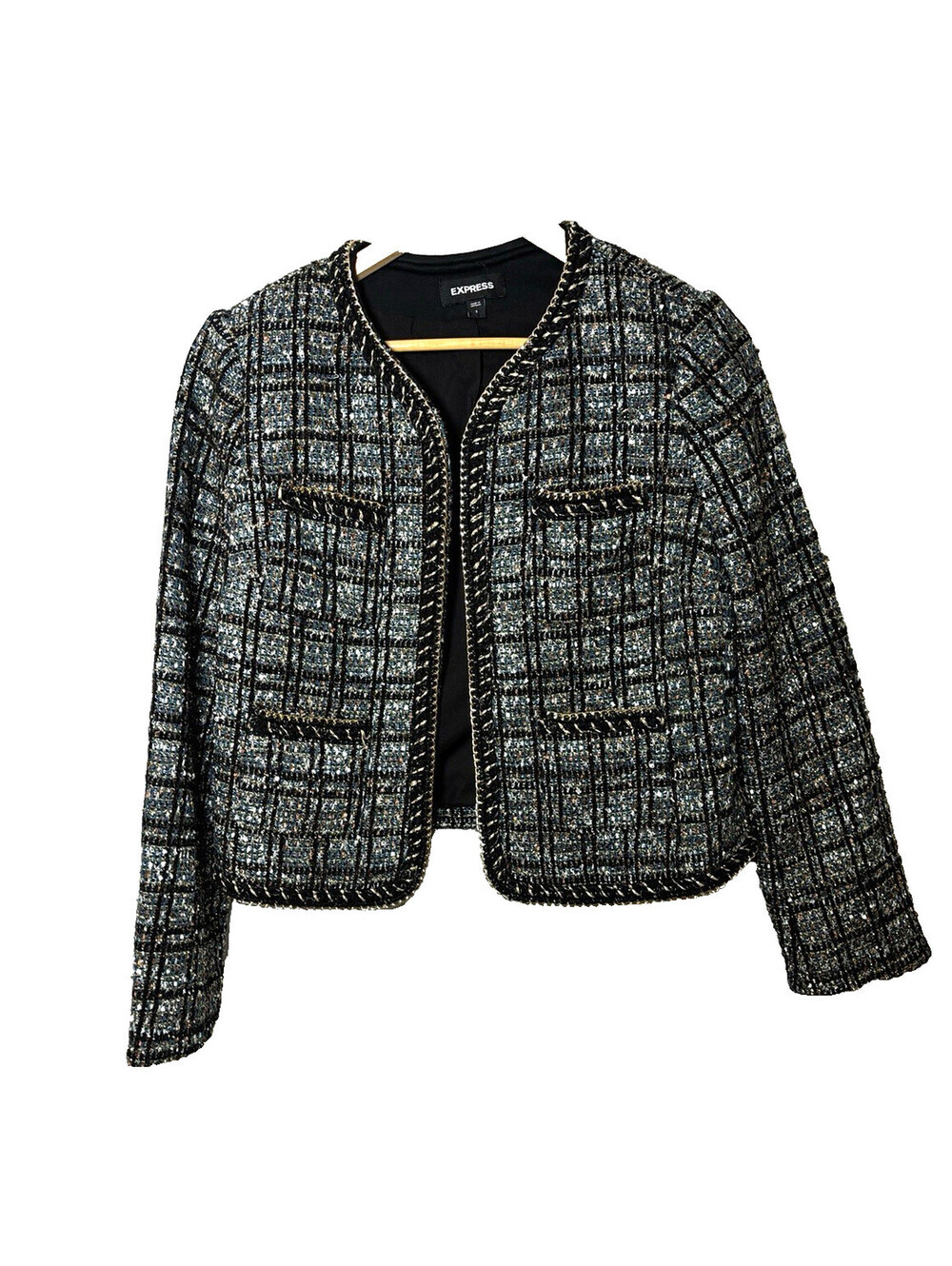 Express Women's Metallic Knit Jacket Size Small Black teal
